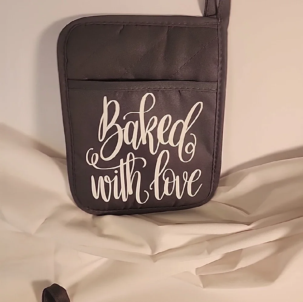 Premium Gray Cotton Pot Holders - With White Vinyl Baking Themed Sayings